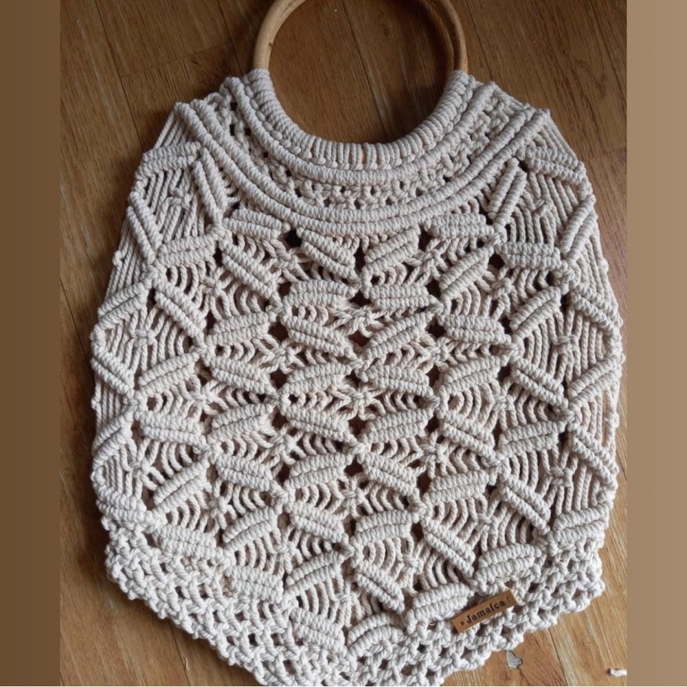 Handmade Macramé Tote Bag with Wooden Handles